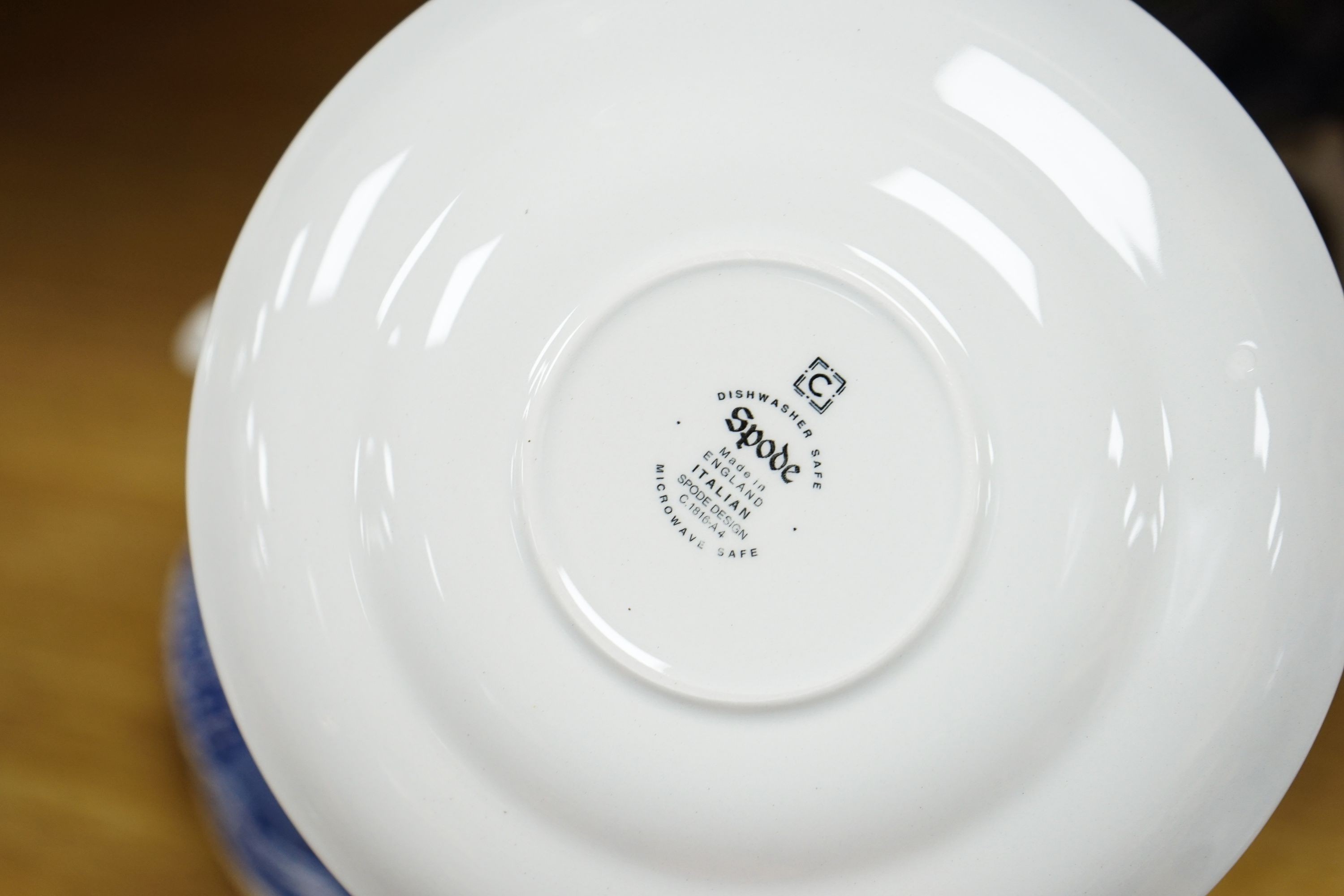 A Spode Italian design part service, including salt, pepper, tea and coffee pots, jug and basin etc.